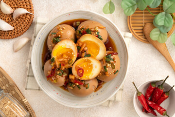 Korean Mayak Eggs in Soy Sauce with Garlic, Onion and Chili