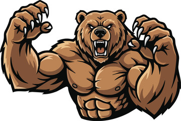 A muscular bear with an aggressive expression, displaying its claws and teeth.