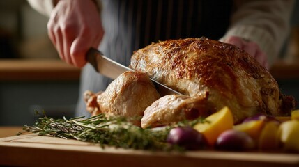 Carving sumptuous roast turkey amid rustic autumn harvest, savoring succulent Thanksgiving feast, warm familial gathering, multicultural traditions blend