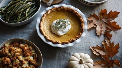 Golden pumpkin pie adorned with creamy dollop, evokes autumnal Thanksgiving warmth amid whispers of Samhain harvest traditions