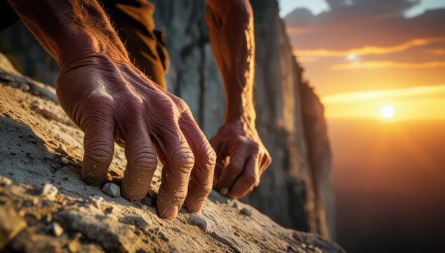 Two hands gripping onto the edge of a high ledge, just before pulling up. Fingers tensed, dust falling from knuckles, sky behind glowing with sunrise. An intense moment of struggle and breakthrough. - Powered by Adobe