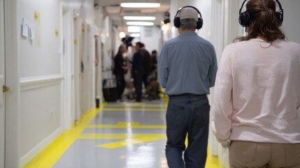 Quiet hallway choreography, diverse individuals wearing headphones navigate unseen soundscapes, echoing Silent Disco vibes, akin to World Listening Day