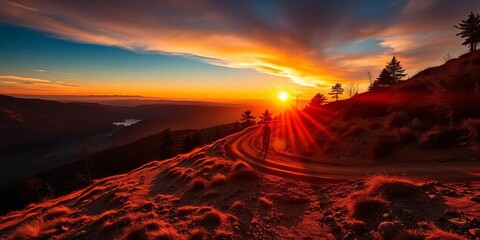 Sunset casts long shadows on a downhill mountain bike trail,  speed,  forest