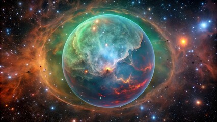Fototapeta premium Photo of a vibrant and colorful nebula glows brightly in the vast expanse of deep space, surrounded by countless stars and cosmic dust