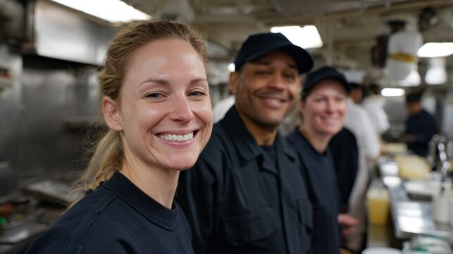 Smiling kitchen staff, diverse ethnicities, camaraderie in bustling galley, International Chefs Day or World Hospitality Day vibe