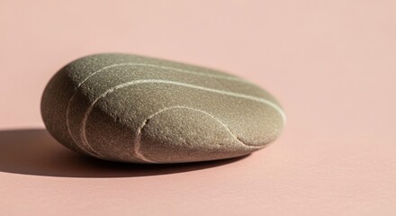 A smooth, striped beach stone rests on a textured surface, showcasing its natural beauty and unique pattern in a close-up shot perfect for zen or meditation themes.