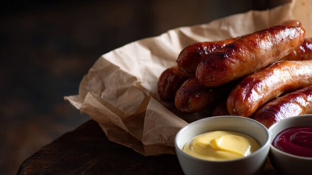 Juicy sausages rest on rustic parchment beside mustard and ketchup, evoking Oktoberfest feasting and cozy autumnal gatherings