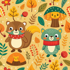 Cute cartoon baby animal seamless pattern collection with funny teddy bears, dogs, owls, and monster characters