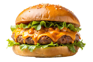 Photo of a juicy beef burger with melted cheddar cheese and fresh lettuce, isolated on transparent background