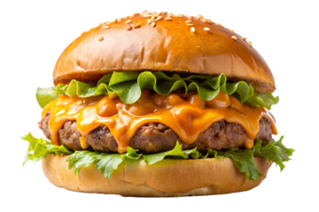 Photo of a juicy beef burger with melted cheddar cheese and fresh lettuce, isolated on transparent background