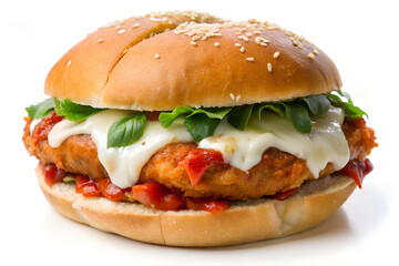 Photo of a delicious chicken burger with melted cheese, fresh lettuce, and tomato sauce, isolated...