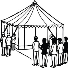 Vector art of a group of people standing in front of a large tent
