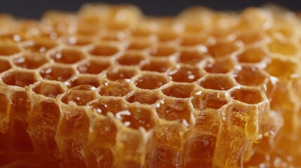Golden honeycomb exudes sweet nectar, evoking Apiary Appreciation Day, hexagonal art, nature's intricate architecture, sugary edible geometry