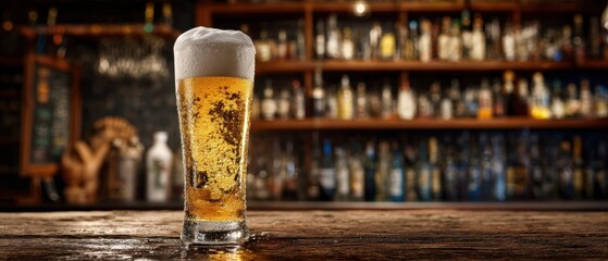 The refreshing glass of beer on a rustic wooden bar counter.