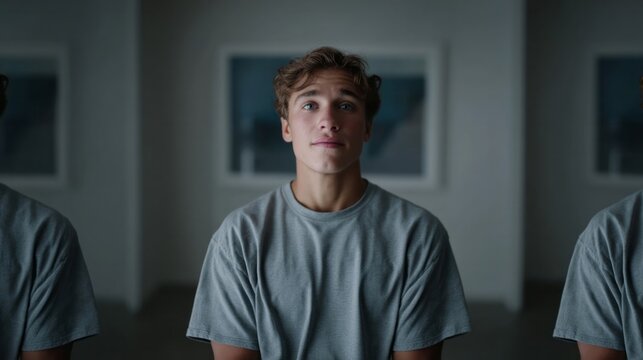 A young Caucasian man gazing pensively amidst somber shadows, invoking Day of Silence or Batalla de Flores introspection