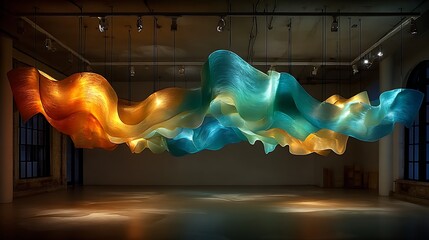 Curved translucent layers of bold colors suspended in midair with atmospheric lighting