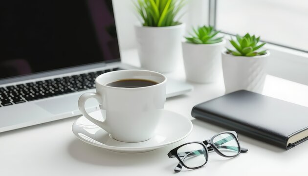 Workspace with Keyboard and Tea: A cozy, modern workspace featuring a sleek keyboard, a steaming cup of tea, and scattered notes. Soft morning light spills in, highlighting the balance between creati