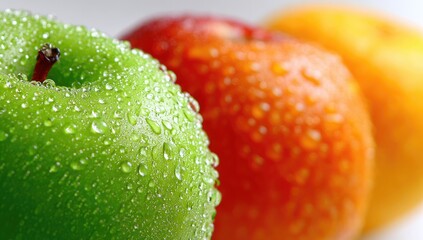 Close-up of wet apples and a peach