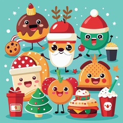 Fototapeta premium Cartoon vector set of Christmas and New Year holiday icons featuring Santa, snowman, tree, gifts, and winter decorations