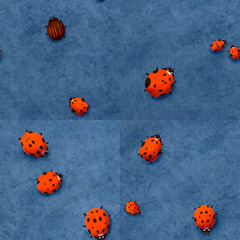 Fototapeta premium Seamless pattern with red ladybirds against a blue stone wall. Watercolor illustration in simple style.