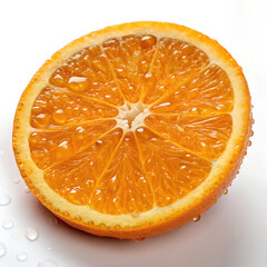 Fresh orange half with juicy drops on white background, vibrant and delicious citrus fruit.