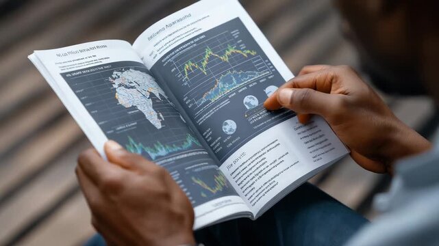 Man is reading a book with graphs and charts. He is looking at the graphs and charts on the pages. hands flipping pages of oil market report with African region graphs, emerging oil markets