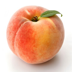 Whole ripe peach with a green leaf on white background, fresh and juicy summer fruit.
