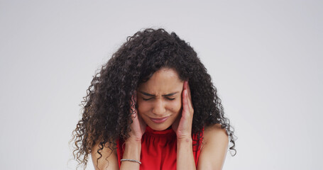 Headache, pain and woman in studio, stress and hearing loss on white background. Person, mockup...