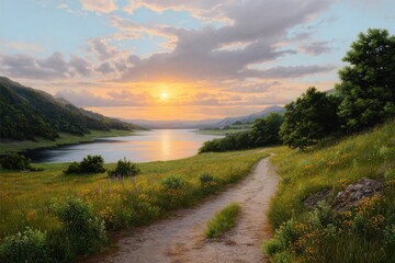 Serene landscape painting of a winding path beside a calm lake at golden hour