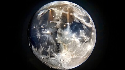 Photo of the detailed surface of the full moon, showcasing its craters and texture, glows brightly...
