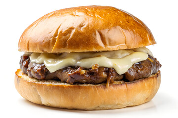 Photo of a delicious cheeseburger with a juicy beef patty and melted cheese on a toasted bun,...