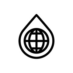 Contour icon of a globe inside a water drop, symbolizing water conservation and global environmental protection