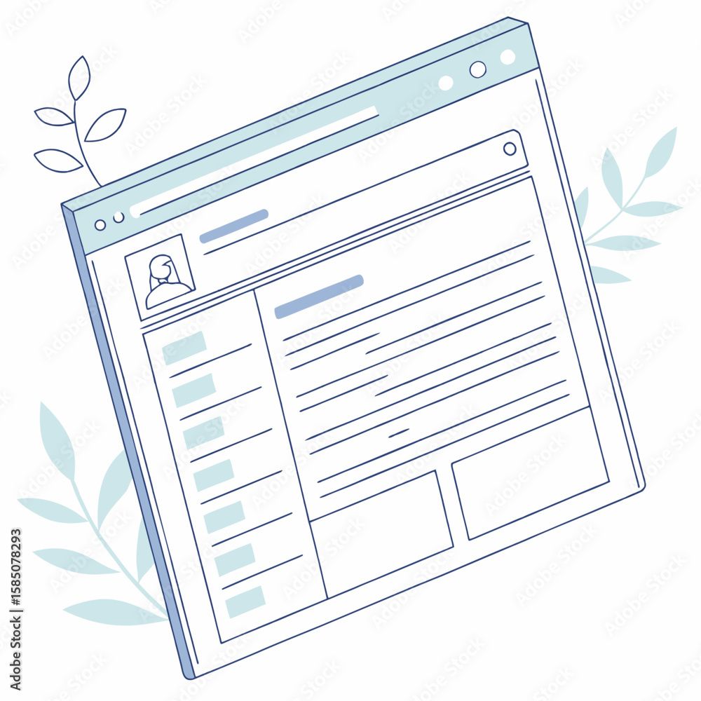 Poster illustration of a website interface with profile picture and text blocks surrounded by leaves design