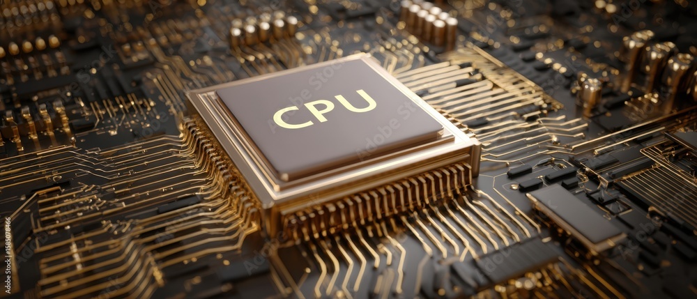 Poster the intricate design of a cpu on a modern microchip circuit board.