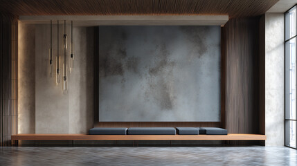 Modern Minimalist Lobby with Industrial Wall and Hanging Lights
