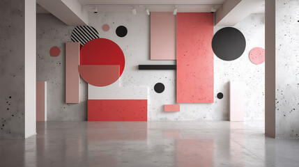 Modern Geometric Wall Art in Minimalist Interior with Red and Black Shapes