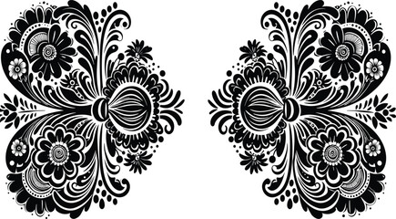 Intricate floral CAD design, black and white vector art, symmetrical decorative illustration, elegant flower pattern, stylish ornamental drawing, minimal elegance