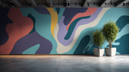Colorful Abstract Mural on Modern Interior Wall with Indoor Plants
