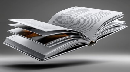 Floating hardcover book mockup with open pages revealing unique content on a minimalistic white background