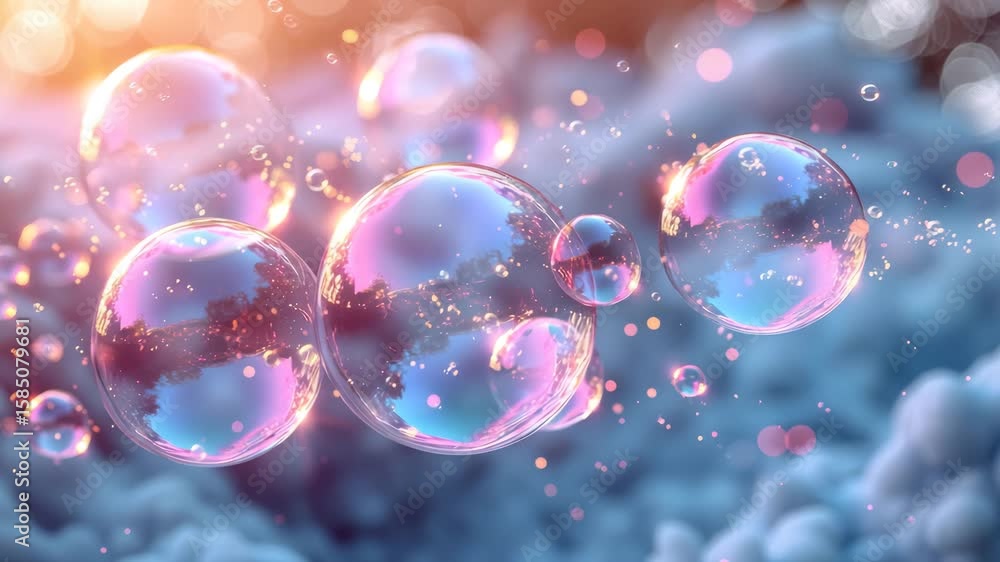 Poster luminous soap bubbles with iridescent reflections float gracefully above soft, pastel-colored clouds