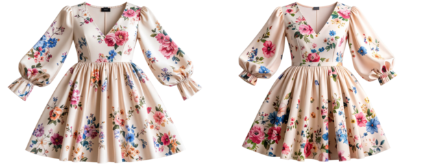 Set of  Chic vintage-inspired floral dress with short puff sleeves, isolated on transparent background PNG