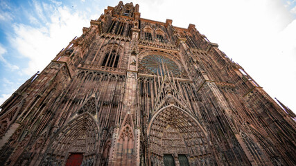 The detailed front face of the Cathédrale Notre-Dame-de-Strasbourg in Strasbourg, France