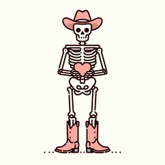 A skeleton wearing pink cowboy hat and boots is holding a. Cute Cartoon Clipart Vector Illustration Line Art Illustration. Bony figure in rose headgear footwear grips item strange western.