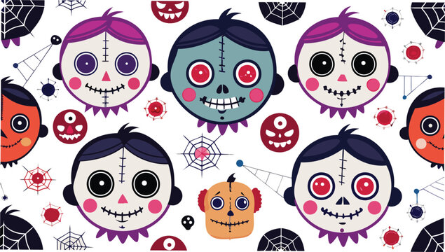 Seamless halloween pattern with cartoon zombie faces, spider webs, and spooky monster heads background design