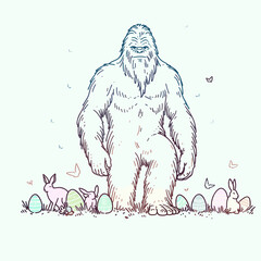 Obraz premium Bigfoot is real and hes coming for your Easter. Cute Cartoon Clipart Vector Illustration Line Art Illustration. Sasquatch exists approaching spring holiday observance hunt event.