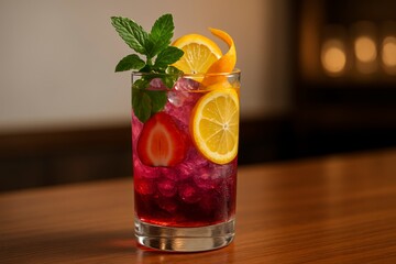 Refreshing cocktail drink with strawberry, lemon, mint and ice for summer refreshment on a wooden table background