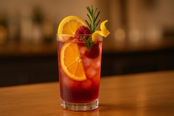 Refreshing sangria cocktail in a glass with orange slices, raspberries, and rosemary garnish, perfect for summertime