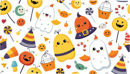 Fototapeta premium A festive halloween themed background with cute ghosts pumpkins and colorful candies scattered all around it
