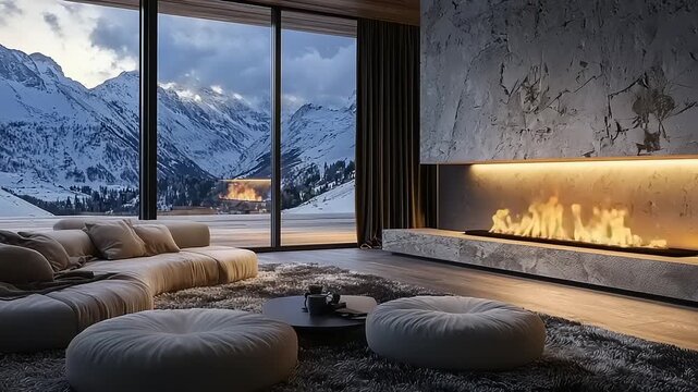 Modern living room with mountain view and fireplace