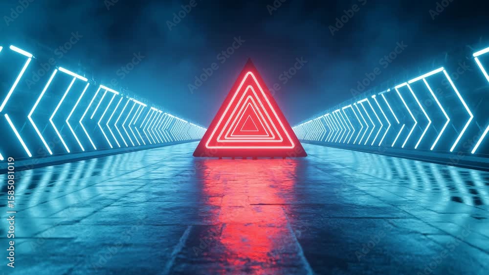 Poster a long, red, futuristic tunnel with a glowing triangular portal at the end, suggesting a journey int
